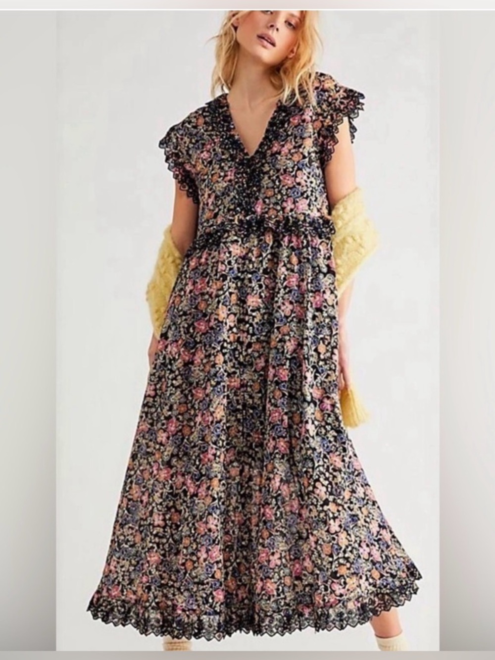 Free People Milania Floral Maxi Dress Black XS